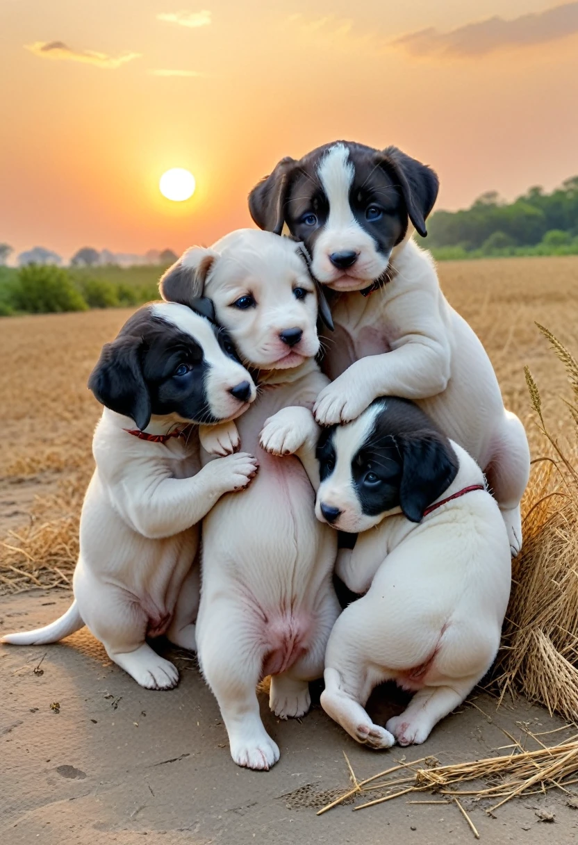 With the sunset in the background,(masterpiece:1.2, high quality), Several puppies huddled together、