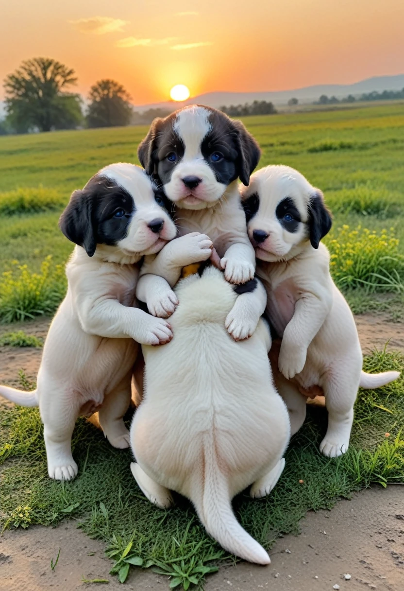With the sunset in the background,(masterpiece:1.2, high quality), Several puppies huddled together、