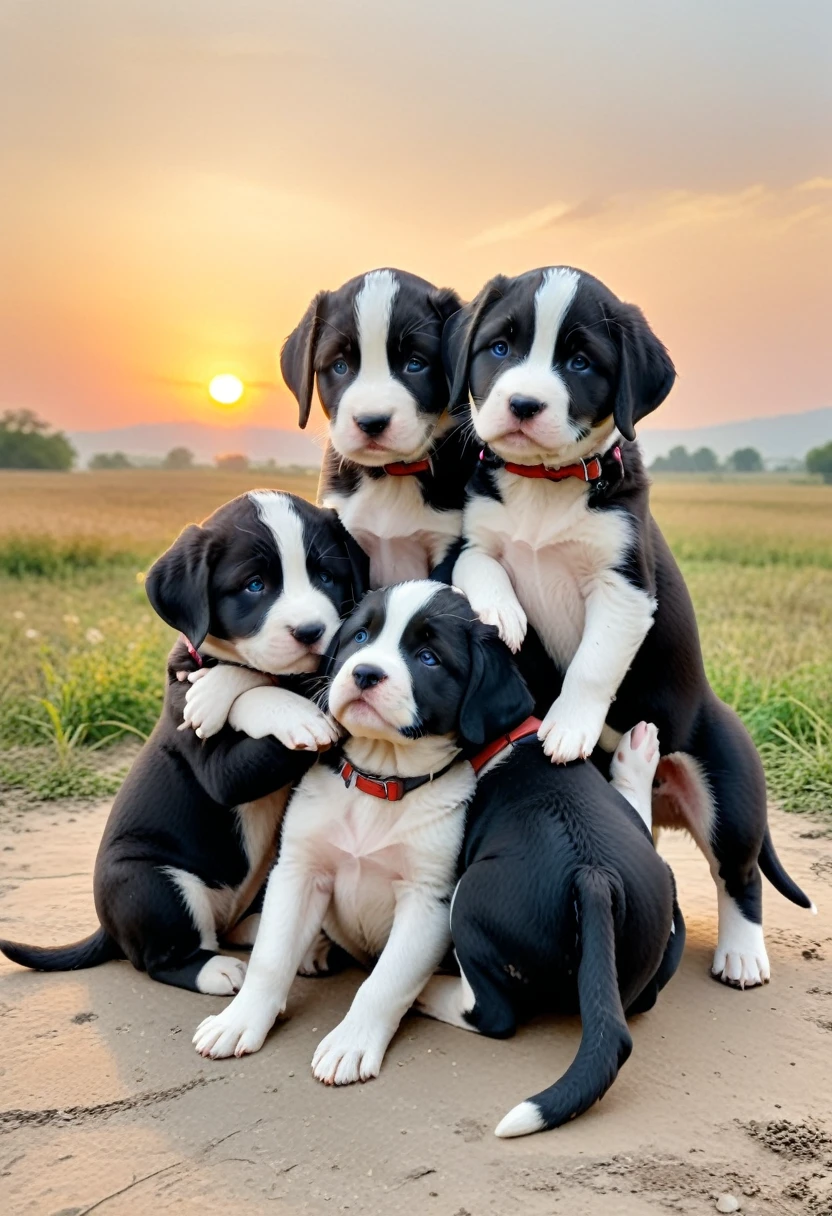 With the sunset in the background,(masterpiece:1.2, high quality), Several puppies huddled together、