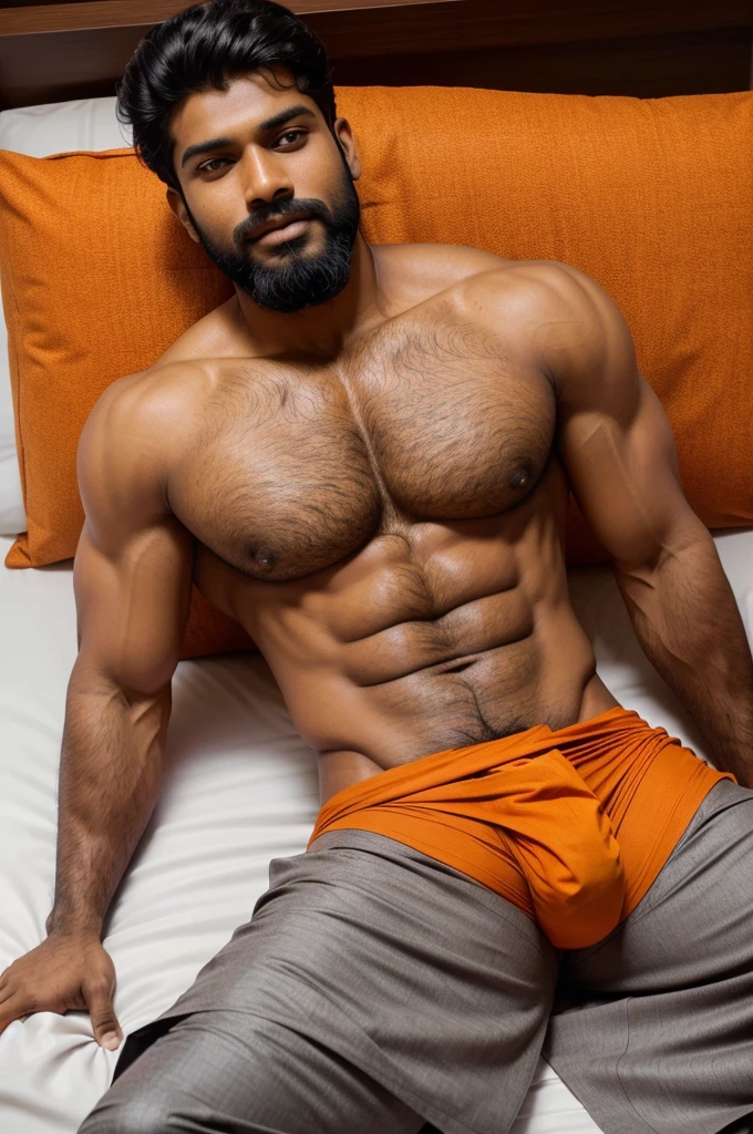 mallu muscular man with a grommed  beard and stylish hair, laying on a bed . He is shirt less,He is  wearing an kerala style orange colour lungi  wrapped around his waist His grey underwear elastic is visible just above the lungi .The man has a confident expression with his hands resting on his hips