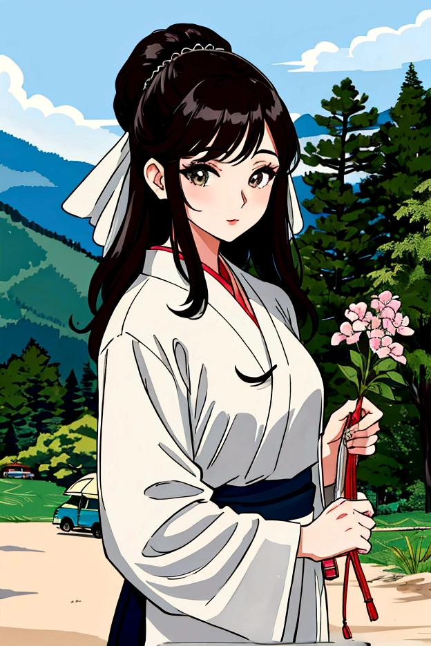 Close-up of a fashionable woman standing at a campsite, beautiful korean girl,