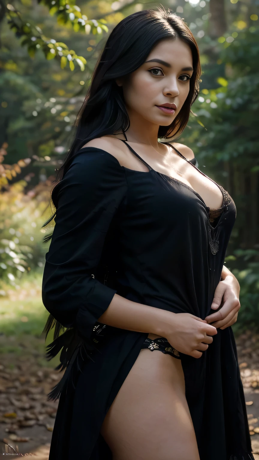 “A Latina woman with a beautiful figure, doing her shopping. The scene is captured in the best quality, 4K, 8K, high resolution, and is a masterpiece (1.2). The woman is extremely detailed, with a crow perched on her shoulder (realistic, photorealistic, photorealistic: 1.37). The artwork is half oil. She has charming and detailed eyes, expressive lips, and long, loose black hair. The colors are vibrant. The background is an enchanted forest with golden sunlight flowing through the trees, dramatic lighting, and an ethereal atmosphere. The crow has delicate feathers with intricate details. The woman strikes an elegant pose with a serene expression. The atmosphere is soft and dreamlike, with textured brush strokes and subtle touches of mystery and magic. A beautiful raven is perched on her shoulder.”,
“size”: “1792x1024”,