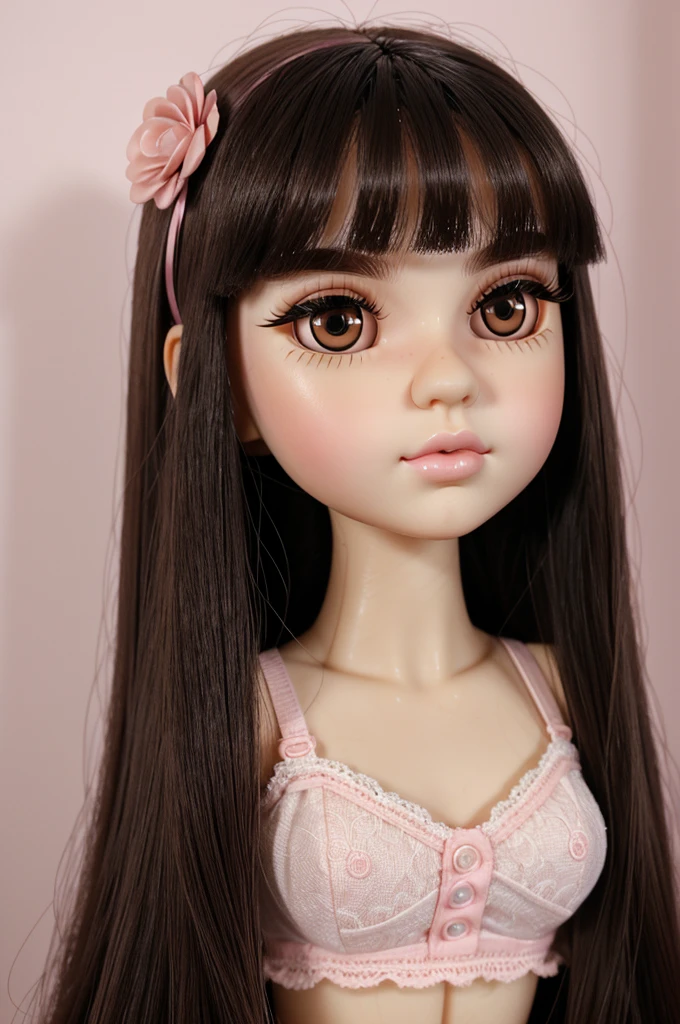 Blythe doll, White Skin, Small face, big eyes, big lips, big and long eyelashes, blush on the cheeks, small eyebrows, Brown eyes, pink lips, Dark brown hair, Long hair, Hair without bangs, Straight hair, Black bra, Eyeliner, And shine on the nose, Long and big eyelashes
