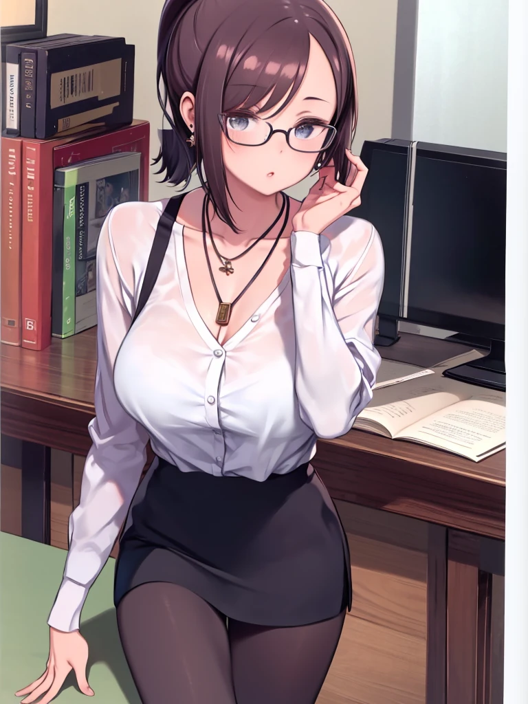 In teacher's office, High resolution, 8K, masterpiece, Highest quality, One girl, teacher, Mature Woman, short hair, ponytail, Hair on one eye, White shirt, mini skirt, pantyhose, Glasses, hand on Glasses, Earrings, necklace, Large Breasts, Huge breasts, Have an iPhone