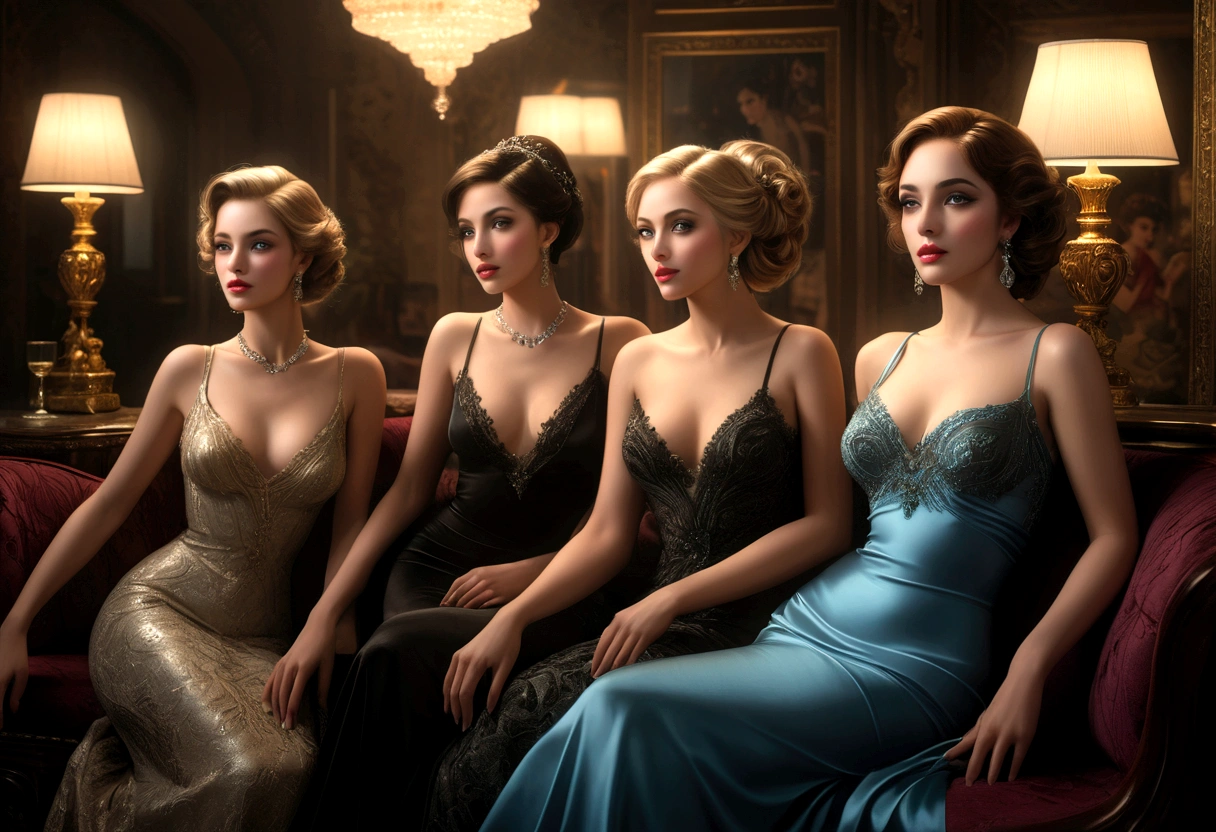 a group of women lounging in a brothel lobby, beautiful detailed eyes, beautiful detailed lips, extremely detailed eyes and face, long eyelashes, elegant dresses, luxurious interior, ornate furnishings, dramatic lighting, (best quality,4k,8k,highres,masterpiece:1.2),ultra-detailed,(realistic,photorealistic,photo-realistic:1.37),dramatic chiaroscuro lighting, moody atmosphere, oil painting, cinematic