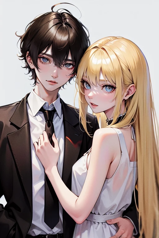 , a tall, messy black-haired man wearing a , is a student, with his hands in his pockets. , a thin woman with long blonde hair, GREEN eyes, cheerleader. best quality, adorable, ultra-detailed, illustration, complex, detailed, extremely detailed, detailed face, soft light, soft focus, perfect face. In love, illustration. two people, couple,