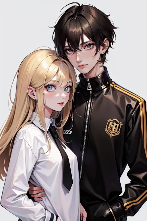 , a tall, messy black-haired man wearing a , is a student, with his hands in his pockets. , a thin woman with long blonde hair, GREEN eyes, cheerleader. best quality, adorable, ultra-detailed, illustration, complex, detailed, extremely detailed, detailed face, soft light, soft focus, perfect face. In love, illustration. two people, couple,