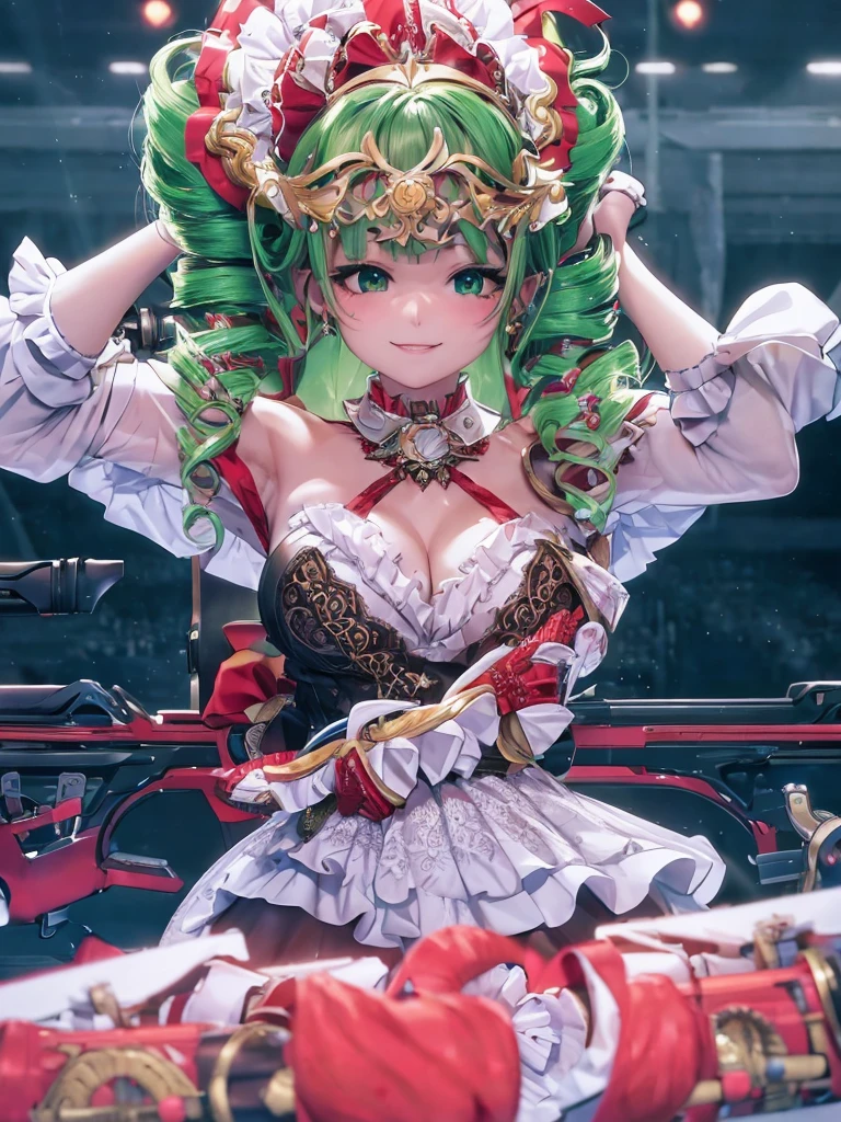 4K images、Rallista、Highest quality、masterpiece、Cinematic lighting,red ribbon,blunt bangs,green eyes,ringlets, twin drills,gold hair.lace, large breasts,princess,{{{{{{{{shaded face,seductive smile}}}}}}}}},steam,princess dress,armpits,