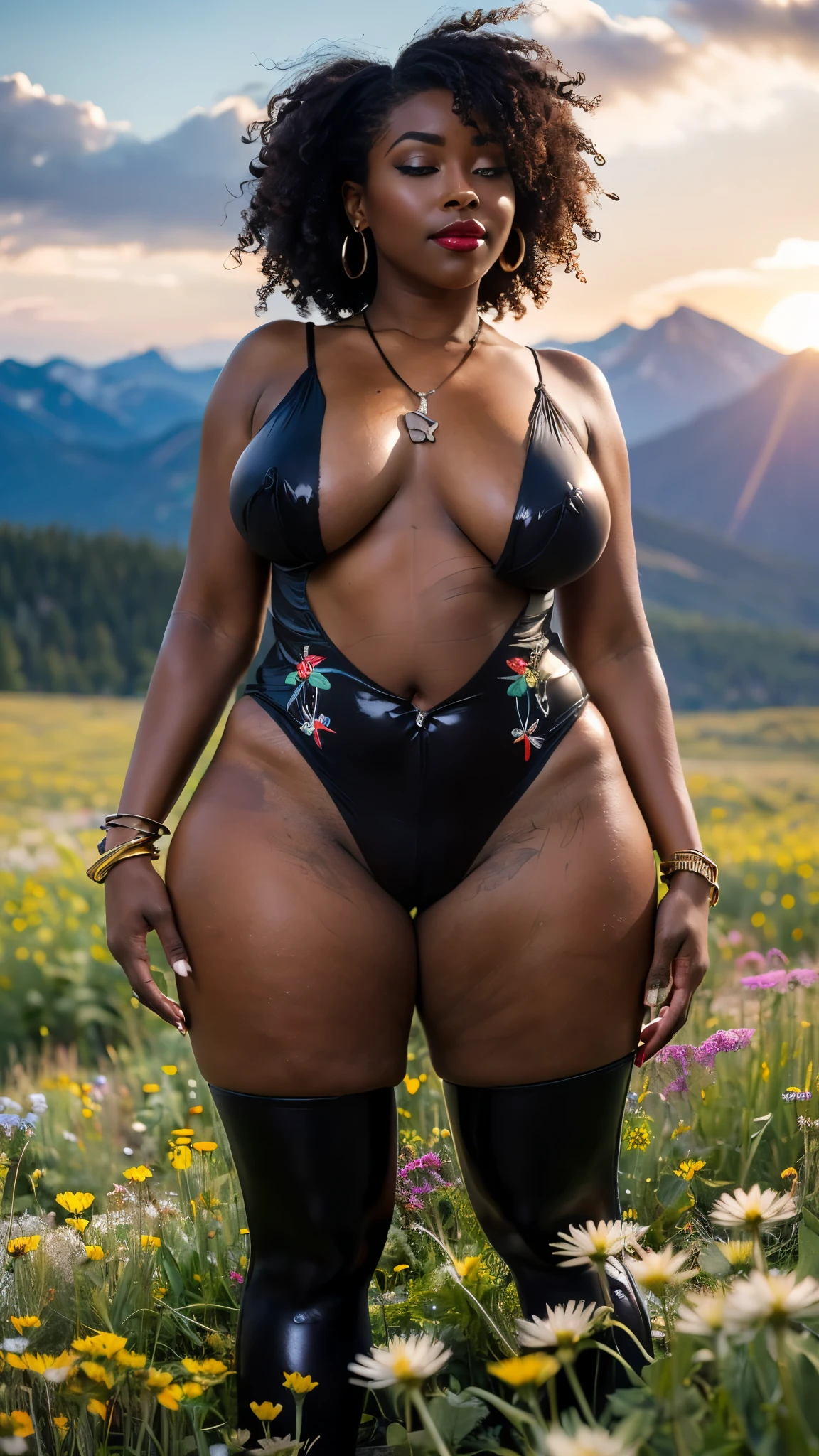 (((SFW))), (Canon RF85mm f/1.2,best quality,HDR, Realisticity:1.4, Cinematic Lighting),(1 black african WOMAN, solo, 48 year old, 7headed body, (Ideal ratio body proportions),((Ebony skin:1.5)) (waist length curly brunette hair, two side up with bangs, ringlets),(lipstick, RED lips, RED shiny lips, pink eyeshadow, Thick LIPS, eyelashes, powder blusher, make-up), (white shiny skin, black eyes, Pore, skin texture, shiny), (necklace, earrings, bracelet), big breasts, smile, dynamic angle, Dynamic pose, ((sunny,Blue sky,clouds looklike marshmallows, A endless peaceful meadow with dandelions and colorful wildflowers, They are scattered all over the mountains and fields,)),  ((Standing in the middle TOP OF A HIGH ROCKY MOUNTAIN, SUNSET, BLUE SKY,))  ((shiny bodysuit  embroidered print)), (Thick thighs:1.3) ,  (PAWG body:1.3), ((MILF:1.3)), ((FROM FRONT:1.5))