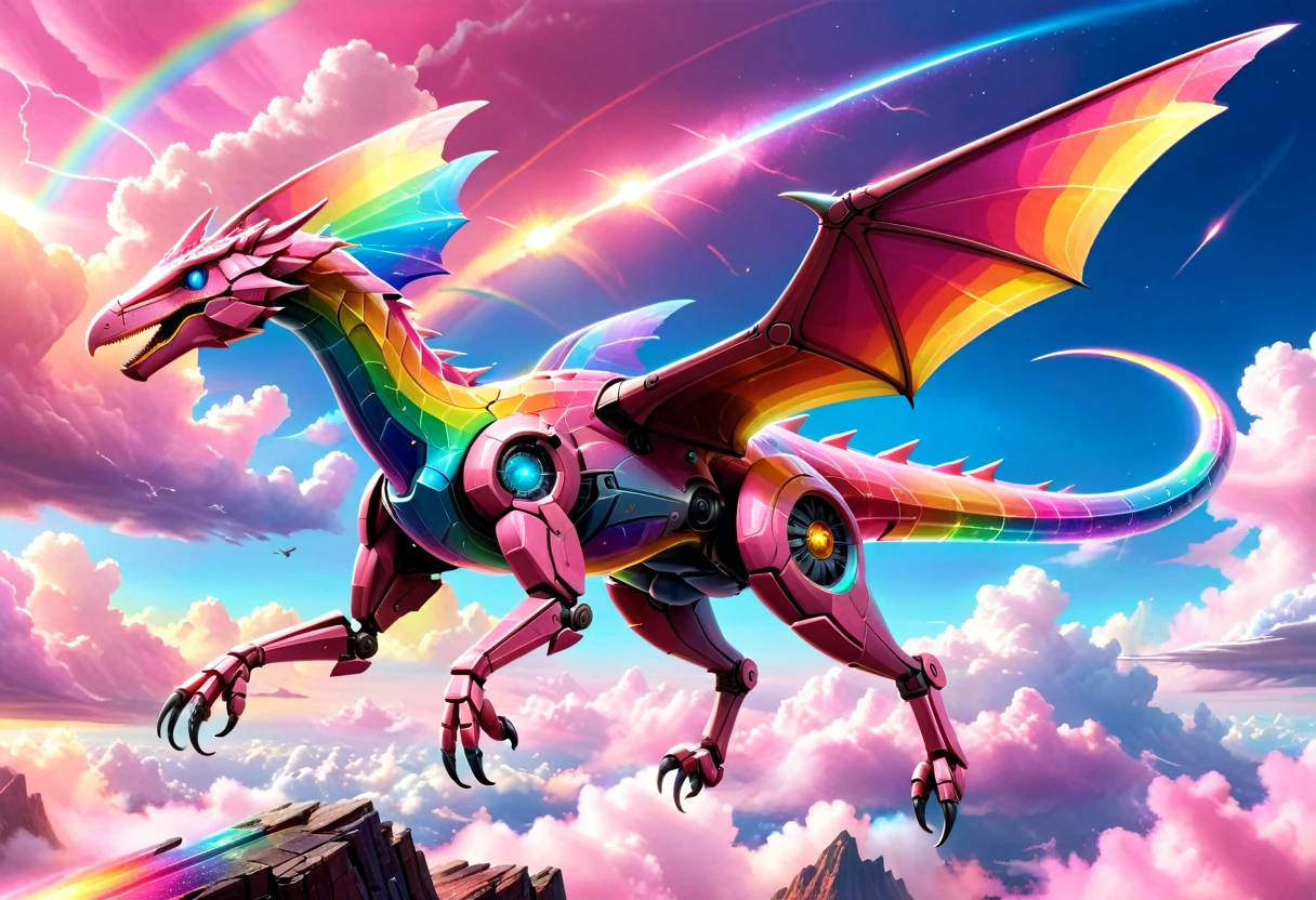 a National Geographic, an award winning picture of a pink mech Pterosaur flying in the sky near a rainbow, dynamic sky background, (masterpiece: 1.4) intense details, highly detailed, photorealistic, best quality, highres,16k, [ultra detailed], masterpiece, best quality, (extremely detailed), ultra wide shot, photorealistic, RAW, realistic art,((best quality)), ((masterpiece)), (detailed: 1.5) ral-czmcrnbw, Mechanical Creatures