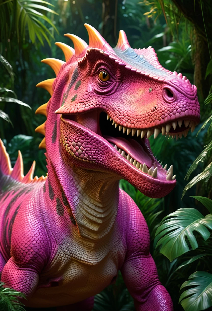 A pink dinosaur, hyperrealistic, highly detailed, intricate scales, sharp teeth, intense gaze, surrounded by lush jungle foliage, warm lighting, vibrant colors, photorealistic, 8k, best quality, masterpiece