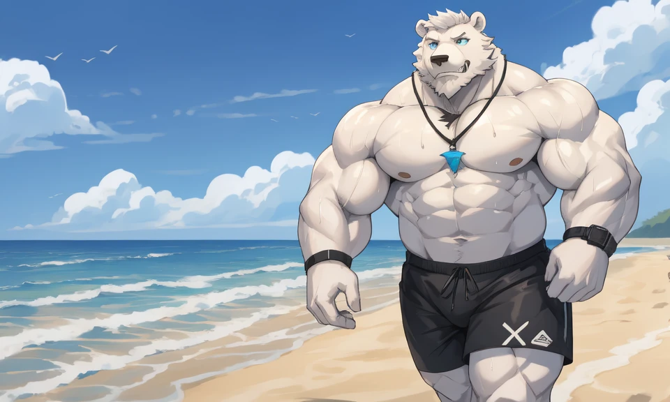 solo, 1boy, Huge Muscular White Polar Bear Dad Dude, huge white fur, pectoral, huge pectoral, wide pectoral, short white hair, blue-colored short trunks, black wristbands and shirtless topless, bearded, white Mustache, white fur, tooth necklace, beach background, masterpiece, high detailed, 8k, high resolution, at the ocean, running and jogging on the beach sands being athletic in sweat