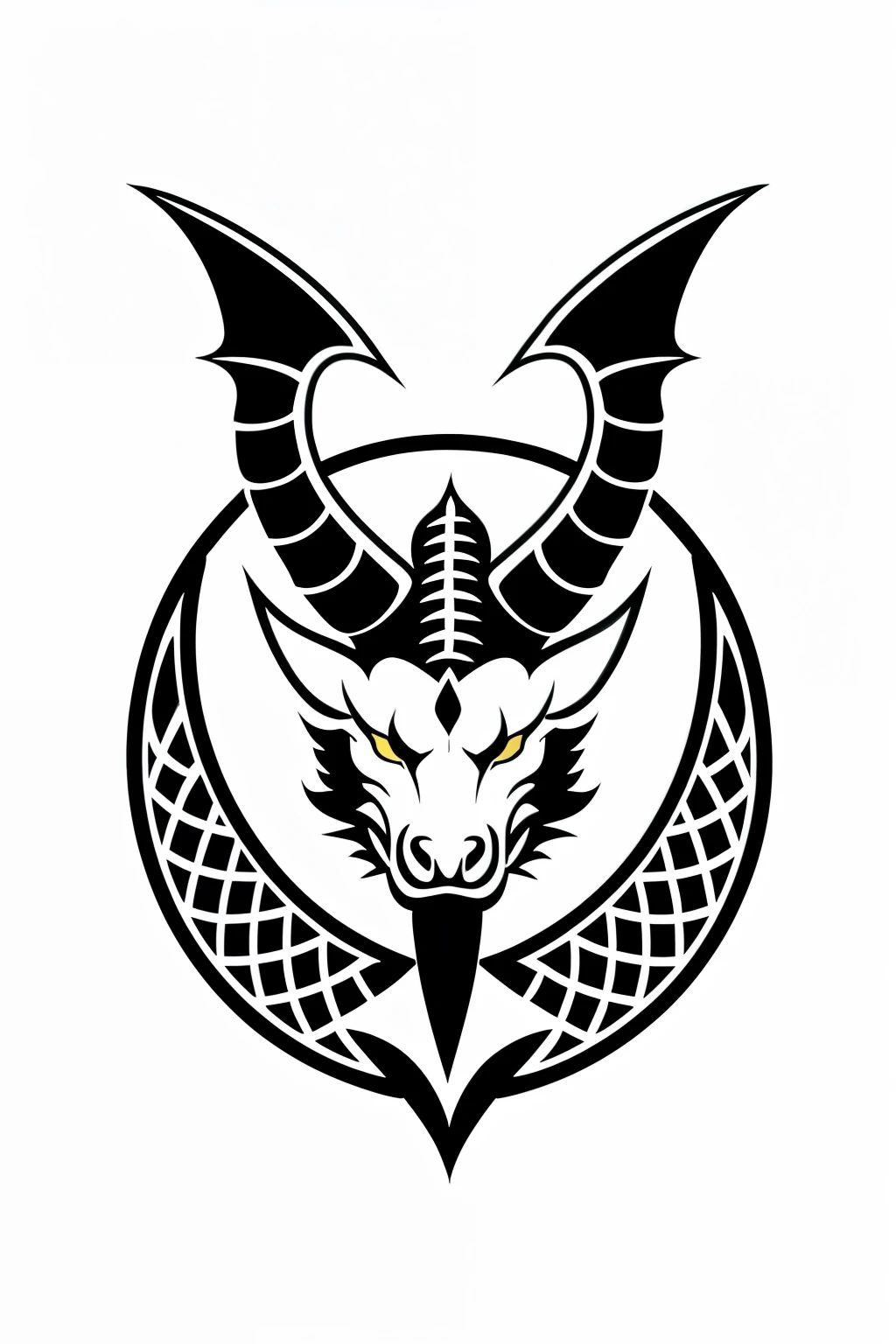 a FRONTAL LOGO of a GREAT HEAD dragon HORN head LOGO vector in black and white, lineart