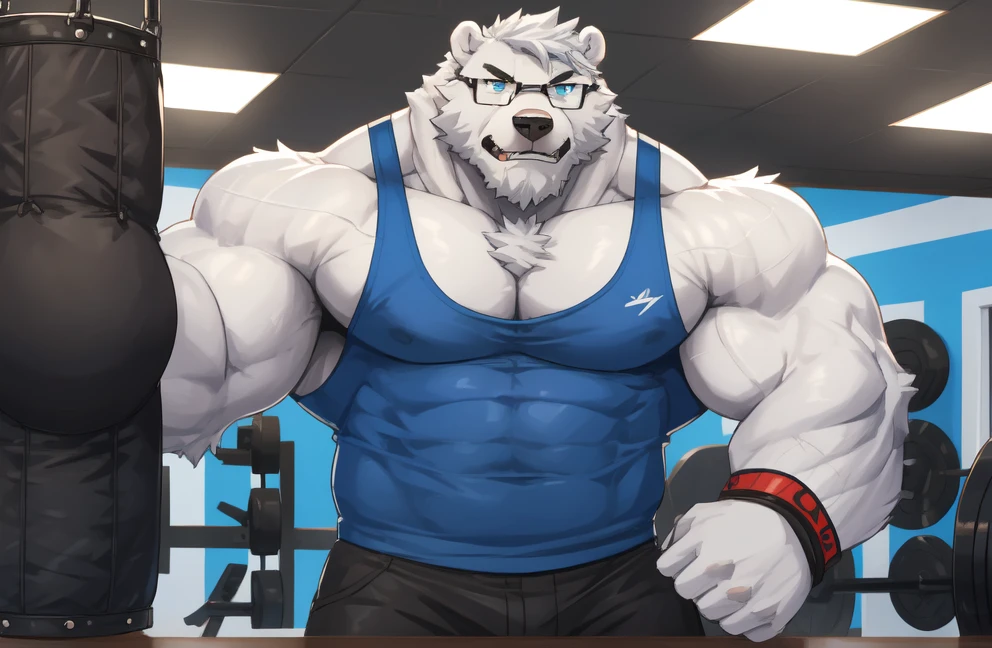 solo, 1boy, Huge Muscular White Polar Bear wearing glasses, huge white fur, pectoral, huge pectoral, wide pectoral, short white hair, blue colored short pants, blue colored wristbands and blue colored tank top, white bearded, white Mustache, white fur, gym background, masterpiece, high detailed, 8k, high resolution, at the gym, punching the punching bag with his ???? hands, growling and grunting