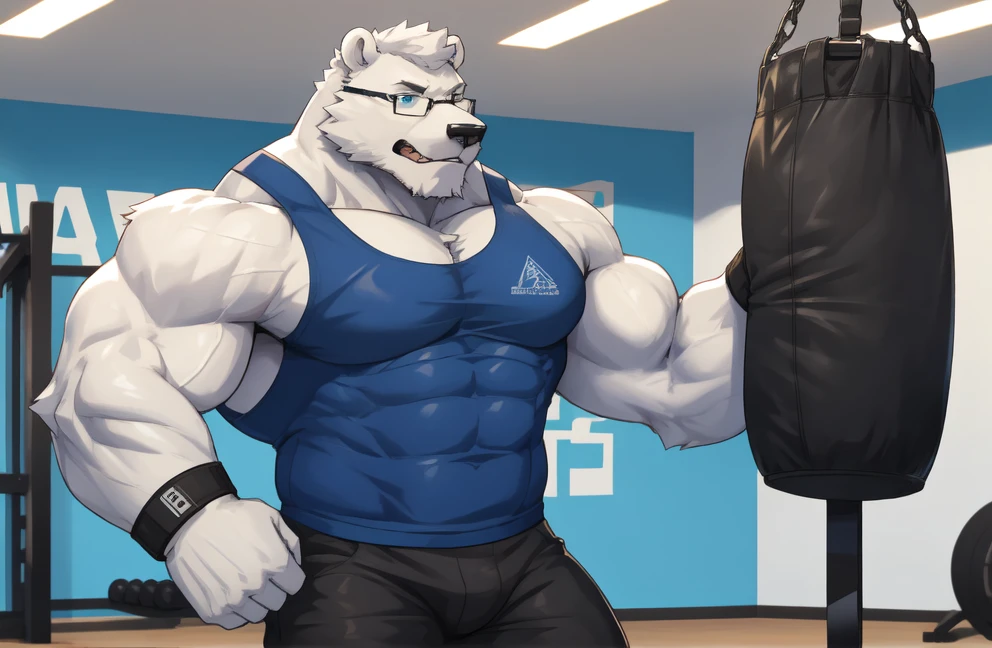 solo, 1boy, Huge Muscular White Polar Bear wearing glasses, huge white fur, pectoral, huge pectoral, wide pectoral, short white hair, blue colored short pants, blue colored wristbands and blue colored tank top, white bearded, white Mustache, white fur, gym background, masterpiece, high detailed, 8k, high resolution, at the gym, punching the punching bag with his bare hands, growling and grunting