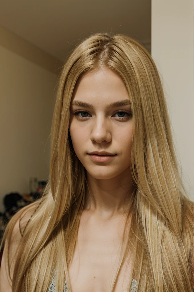 A 20 year old woman with long, slightly wavy blond hair