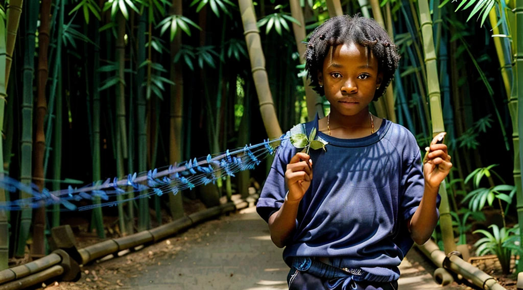 Image of a black teenager, ************ - holding a Blue Morph butterfly with his hand up - wearing a long dark gray blouse with no pattern on it, short curly hair - long pants and straw sandals - looking sideways in the bamboo grove, running backwards alone on the trail - Image of Blue Morph butterflies - butterfly flying next to the running teenager - bamboo forest