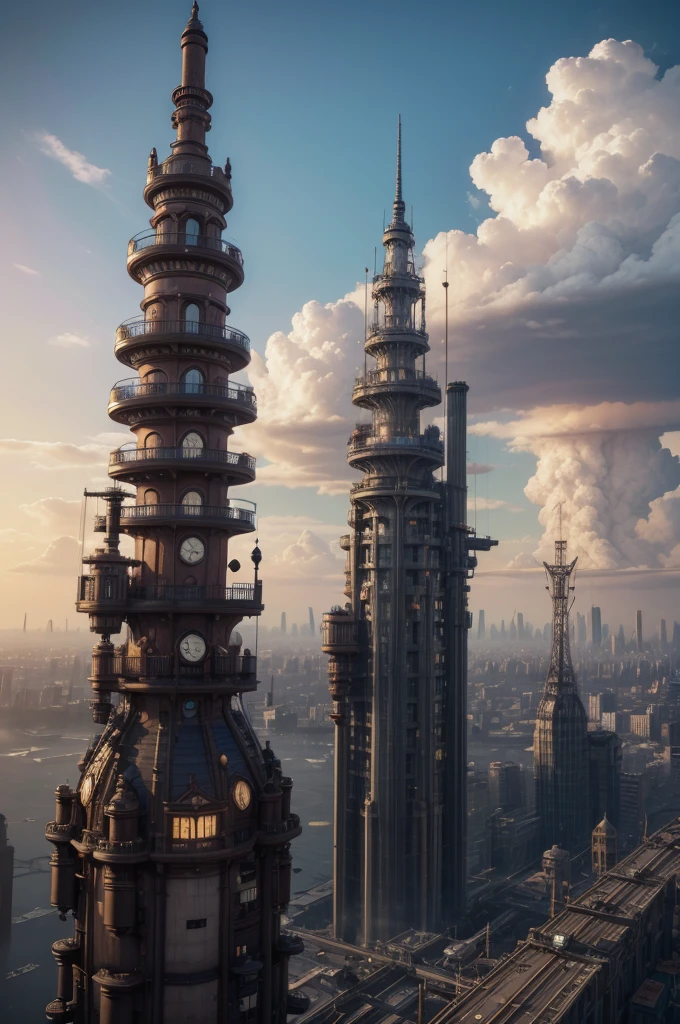 super detaill, High details, high qualiy, 8K, miyazaki style, a steampunk style city floating in the sky, clouds and diverse architecture, exuding mystery and technology --v 6