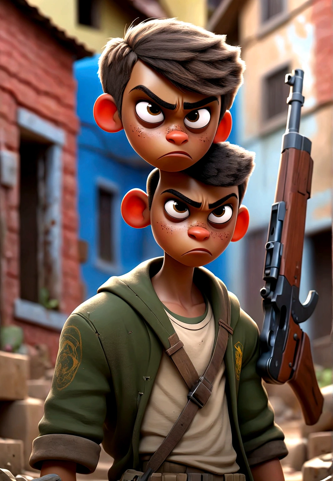 image depicting the favela, in a post-apocalyptic world, boy with gun (ak47), ak 47, shirtless boy, with scar, full body image, (extremely detailed CG unit 8K wallpaper, art, best quality, ultra -detailed, hdr :1.2), in slippers, background of houses one below the other, brick, mud floor, scar on the leg, house hallway, defiant look, apocalyptic scenario, fear, relista.