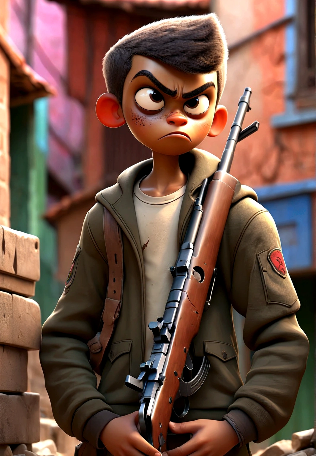 image depicting the favela, in a post-apocalyptic world, boy with gun (ak47), ak 47, shirtless boy, with scar, full body image, (extremely detailed CG unit 8K wallpaper, art, best quality, ultra -detailed, hdr :1.2), in slippers, background of houses one below the other, brick, mud floor, scar on the leg, house hallway, defiant look, apocalyptic scenario, fear, relista.