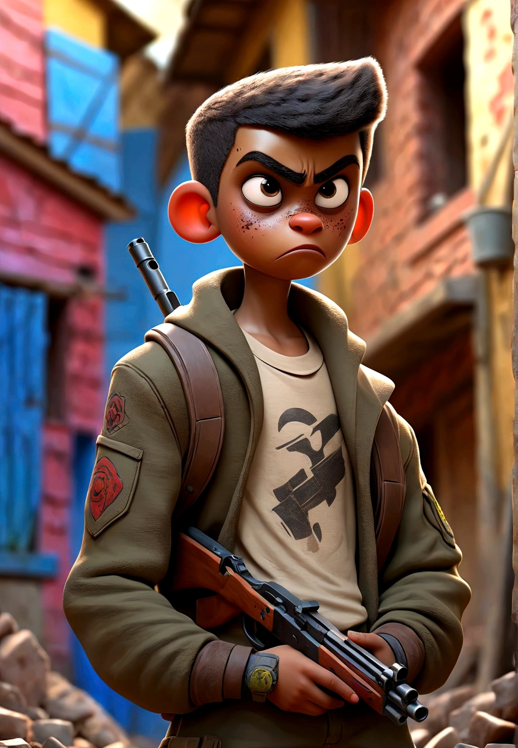 image depicting the favela, in a post-apocalyptic world, boy with gun (ak47), ak 47, shirtless boy, with scar, full body image, (extremely detailed CG unit 8K wallpaper, art, best quality, ultra -detailed, hdr :1.2), in slippers, background of houses one below the other, brick, mud floor, scar on the leg, house hallway, defiant look, apocalyptic scenario, fear, relista.