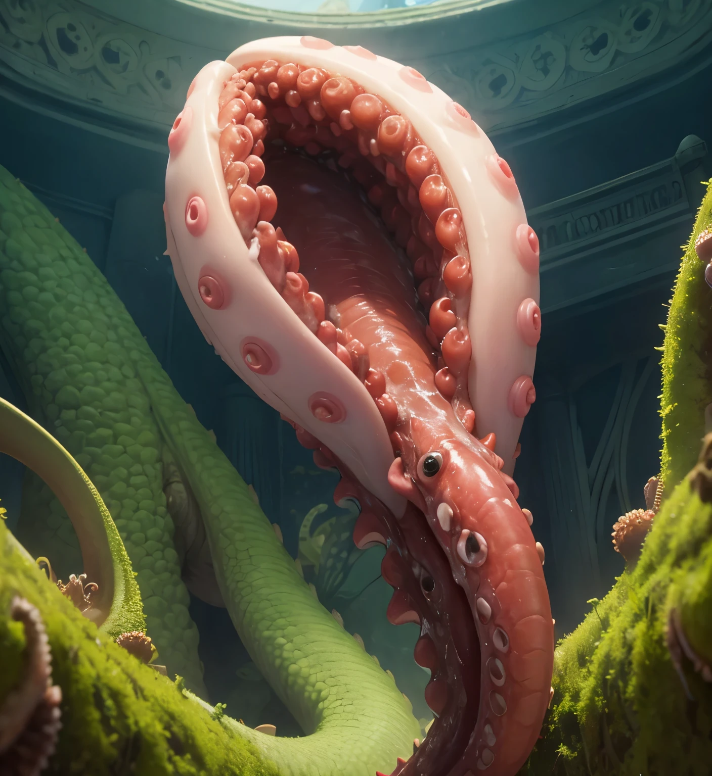 one carnivorous worm maw, shaped like a bulb, excessive cum, weird, octopus eyes, from below, circular, round, lips