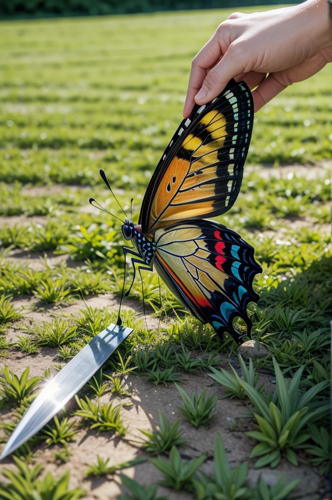 super detaill, High details, high qualiy, 8K, a butterfly in surrounding foliage and a lawn on the ground with very sharp, stronger and lighter colors