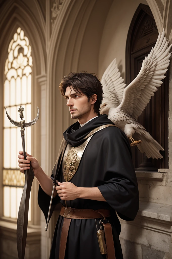 Create a realistic image of Saint Michael the Archangel protecting Saint Francis of Assisi