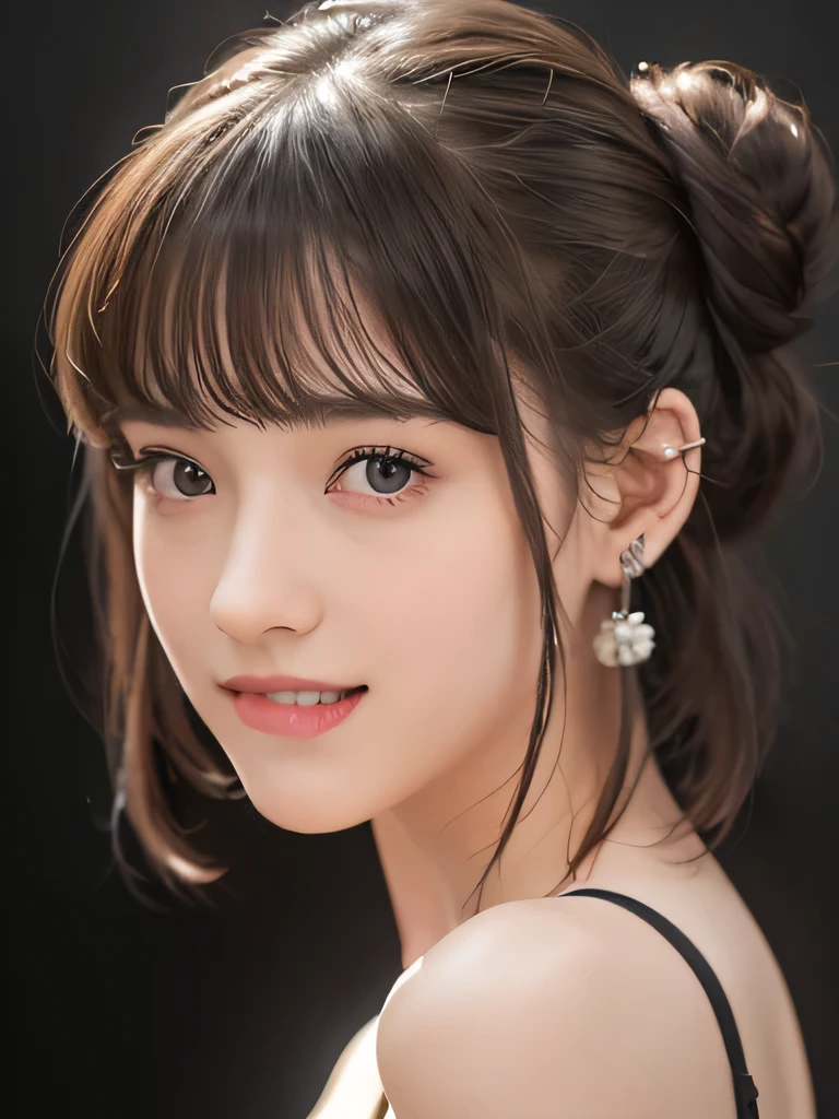 A very cute german girl, , short brunette hair, buns, bangs, sad smile, a lot of ear piercings, Ultra high res, uhd, (photorealistic:1.4), wearing tube top