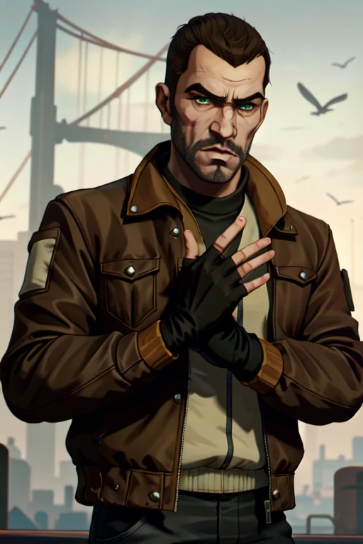arcane style, (1boy), Niko Bellic (Grand Theft Auto IV), male focus, brown jacket,fingerless gloves, jacket, long sleeves, beard,facial hair, forehead, brown hair,green eyes,