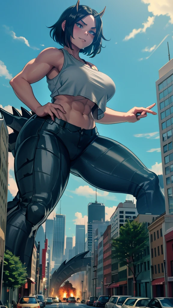 3d, godzilla chan, reptile tail, curvy giantess milf, horns, towering over a city, massive breasts, green short hair, golden eyes, on a street, massive oversized breast, tank top, abs, giantess bumping a building
