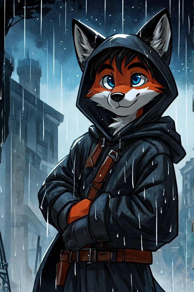 Male fox, he would have blue eyes, black hair, a long black tail, it would be raining, he would be wearing a hood holding a pistol, he would be looking at the sky, and,The fox would have a black color