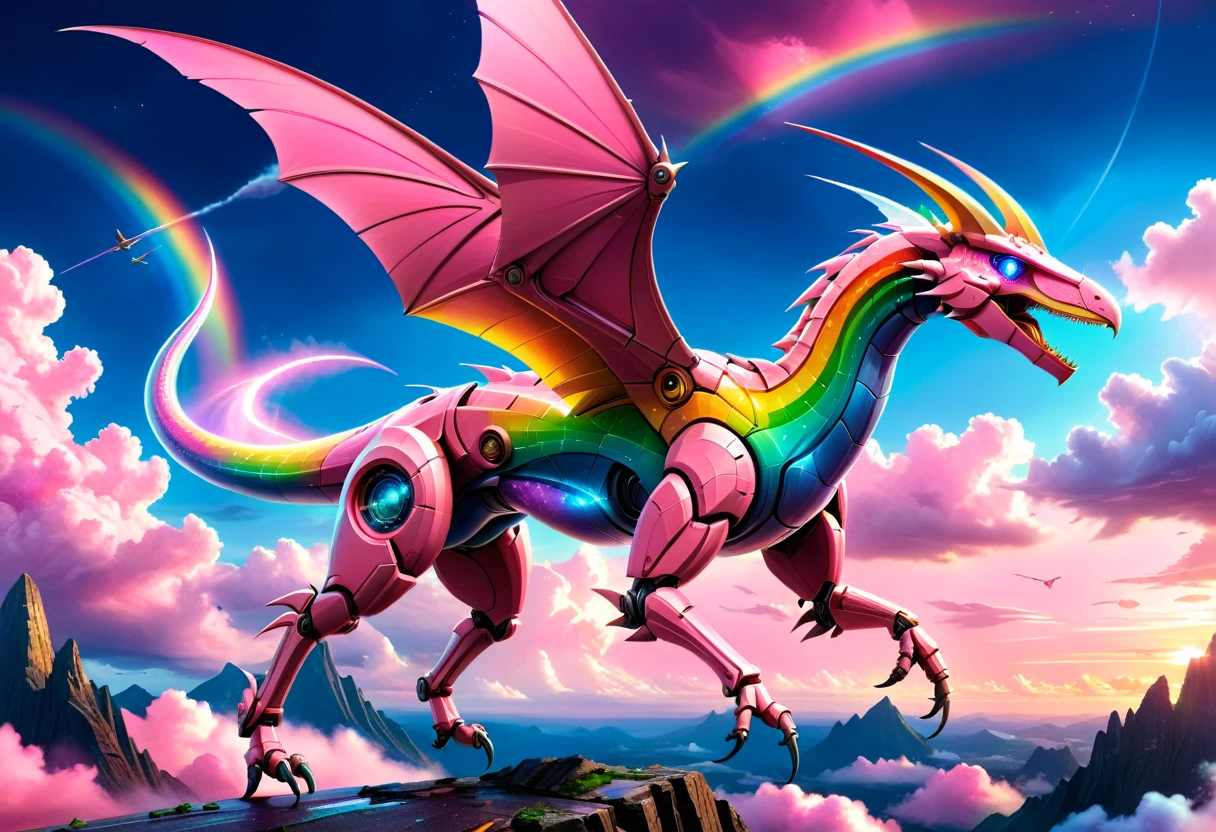 a National Geographic, an award winning picture of a (pink mech Pterosaur: 1.3) flying in the sky near a rainbow, dynamic sky background, (masterpiece: 1.4) intense details, highly detailed, photorealistic, best quality, highres,16k, [ultra detailed], masterpiece, best quality, (extremely detailed), ultra wide shot, photorealistic, RAW, realistic art,((best quality)), ((masterpiece)), (detailed: 1.5) ral-czmcrnbw, Mechanical Creatures