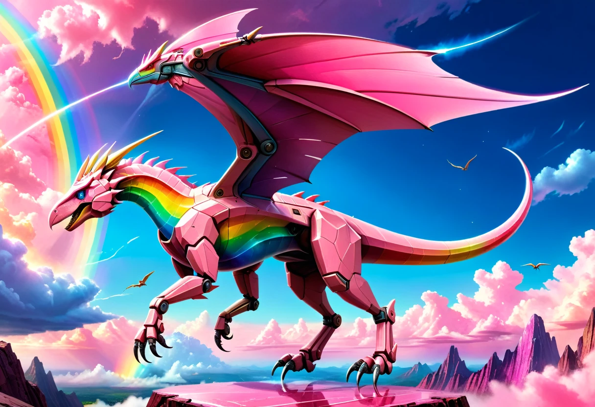 a National Geographic, an award winning picture of a (pink mech Pterosaur: 1.3) flying in the sky near a rainbow, dynamic sky background, (masterpiece: 1.4) intense details, highly detailed, photorealistic, best quality, highres,16k, [ultra detailed], masterpiece, best quality, (extremely detailed), ultra wide shot, photorealistic, RAW, realistic art,((best quality)), ((masterpiece)), (detailed: 1.5) ral-czmcrnbw, Mechanical Creatures