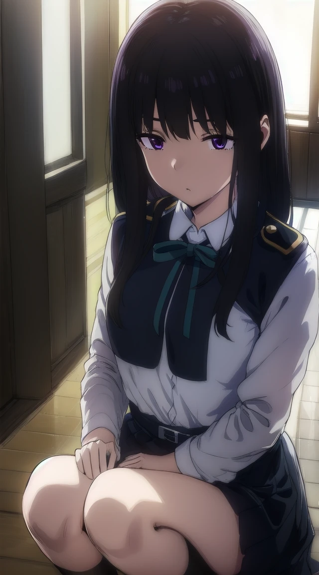 1girl,((black hair))
BREAK ((inoue takina, long hair, bangs, black hair, (purple eyes:1.2),crop top, white socks, shirt, long sleeves, dress, ribbon, , white shirt, collared shirt, belt, neck ribbon, blue dress, green ribbon, pleated dress, grey dress, two-tone dress, blue belt, lycoris uniform,:1))
BREAK ((blank eyes, mind control,StSPendulum:1.4))
BREAK indoors,
BREAK looking at viewer,
BREAK (masterpiece:1.2), best quality, high resolution, unity 8k wallpaper, (illustration:0.8), (beautiful detailed eyes:1.6), extremely detailed face, perfect lighting, extremely detailed CG, (perfect hands, perfect anatomy),