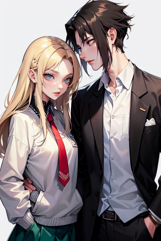 tall man, messy black-haired man wearing a , is a student, with his hands in his pockets. , a thin woman with long blonde hair, GREEN eyes, cheerleader. best quality, adorable, ultra-detailed, illustration, complex, detailed, extremely detailed, detailed face, soft light, soft focus, perfect face. In love, illustration. two people, couple,