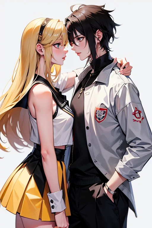 tall man, messy black-haired man wearing a , is a student, with his hands in his pockets. , a thin woman with long blonde hair, GREEN eyes, cheerleader. best quality, adorable, ultra-detailed, illustration, complex, detailed, extremely detailed, detailed face, soft light, soft focus, perfect face. In love, illustration. two people, couple,