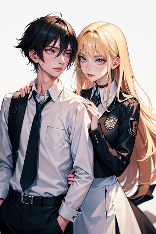 tall man, messy black-haired man wearing a , is a student, with his hands in his pockets. , a thin woman with long blonde hair, GREEN eyes, cheerleader. best quality, adorable, ultra-detailed, illustration, complex, detailed, extremely detailed, detailed face, soft light, soft focus, perfect face. In love, illustration. two people, couple,