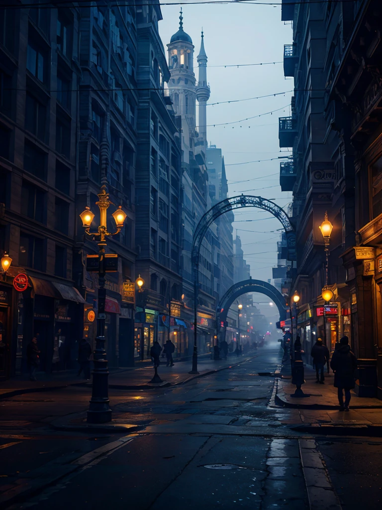 "A glowing arch in a street in a city on a foggy winters night. With a grunge, artistic"