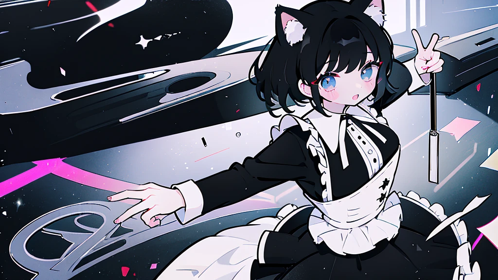 masterpiece, Highest quality, High Resolution, One Girl, solo,Maid,Cat ear、 black eye, Black Hair, Long sleeve、 Laughter, skirt,[[Healed finger]], [[[[multiple limbs]]]]