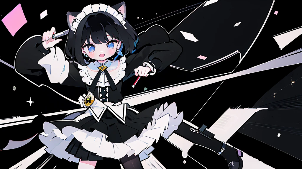 masterpiece, Highest quality, High Resolution, One Girl, solo,Maid,Cat ear、 black eye, Black Hair, Long sleeve、 Laughter, skirt,[[Healed finger]], [[[[multiple limbs]]]]