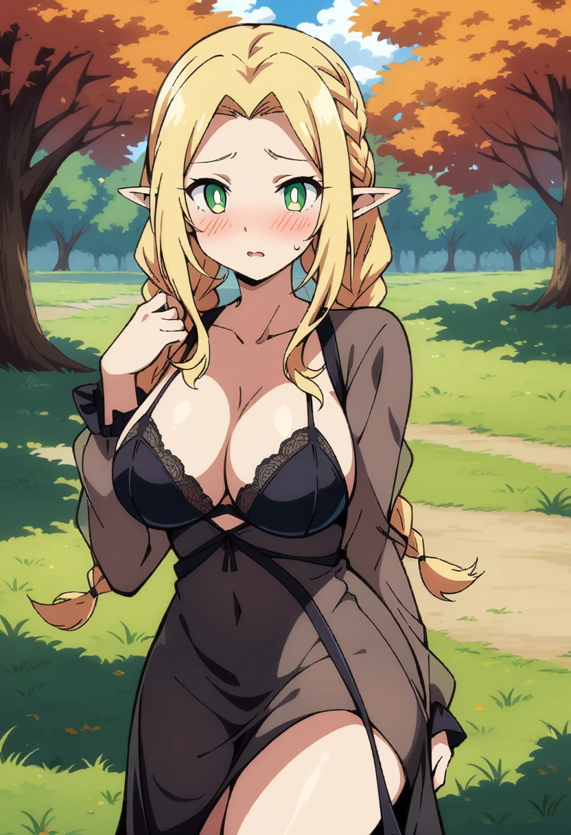 anime art style, masterpiece, best quality, very aesthetic, absurdres, dynamic shadows, atmosferic, marcilledonato, ((1girl)), blonde hair, ((long hair)), braid, twin braids, long braids, parted bangs, green eyes, detailed eyes, bright pupils, pointy ears, curvy body, large breasts, sexy, black nightgown, lingerie, (((see-throught))), borrowed, embarrased, intense blush, ((cowboy shot)), (from front), (standing), (grass), (afternoon), (autumn), (trees), (clouds), (looking at viewer:1.0)