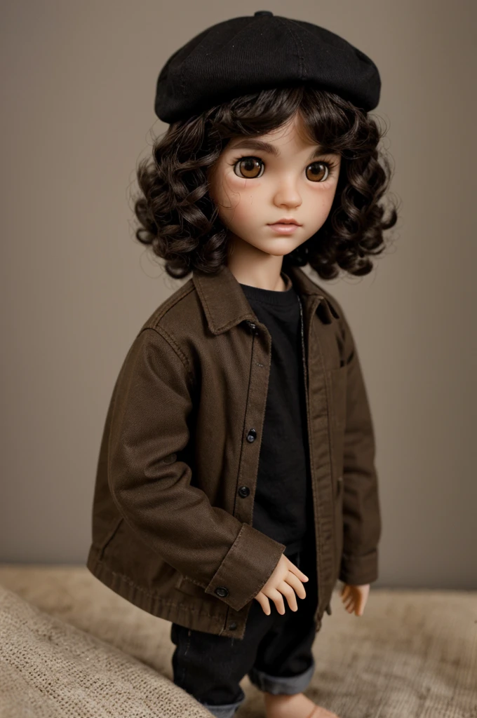 Make a boy blythe doll with a black cap and dark brown hair, and light brown sking and brown dark eyes and really dark baggy eyes make his hair curly and his skin darker