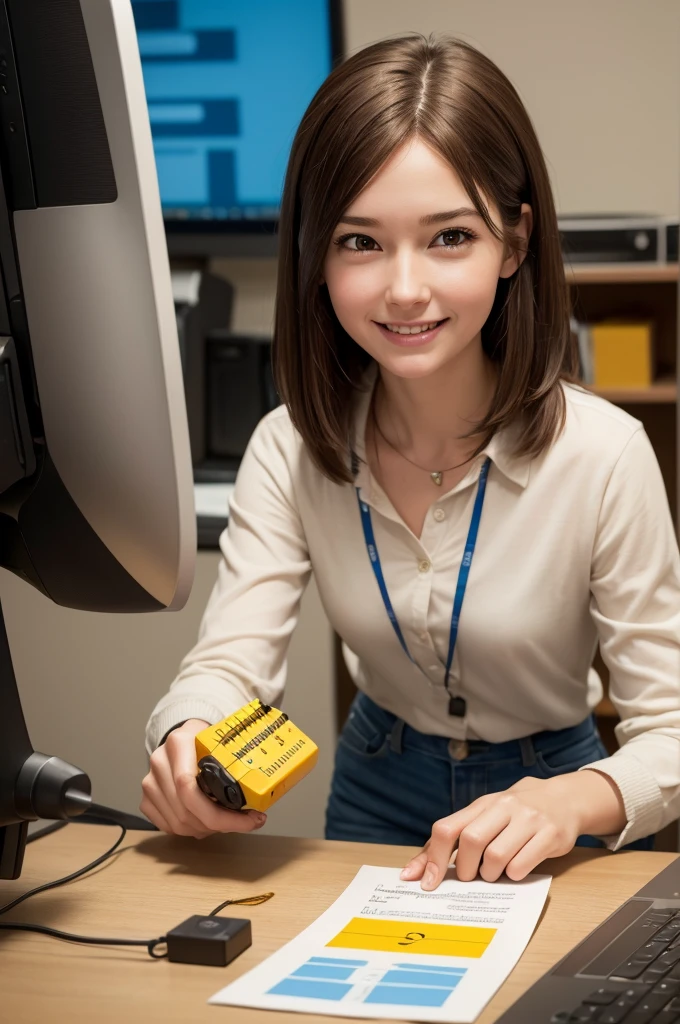 I want a photo of an emotion from the pixar movie. She has brown hair, white skin and is holding a tape measure and a computer. She is happy