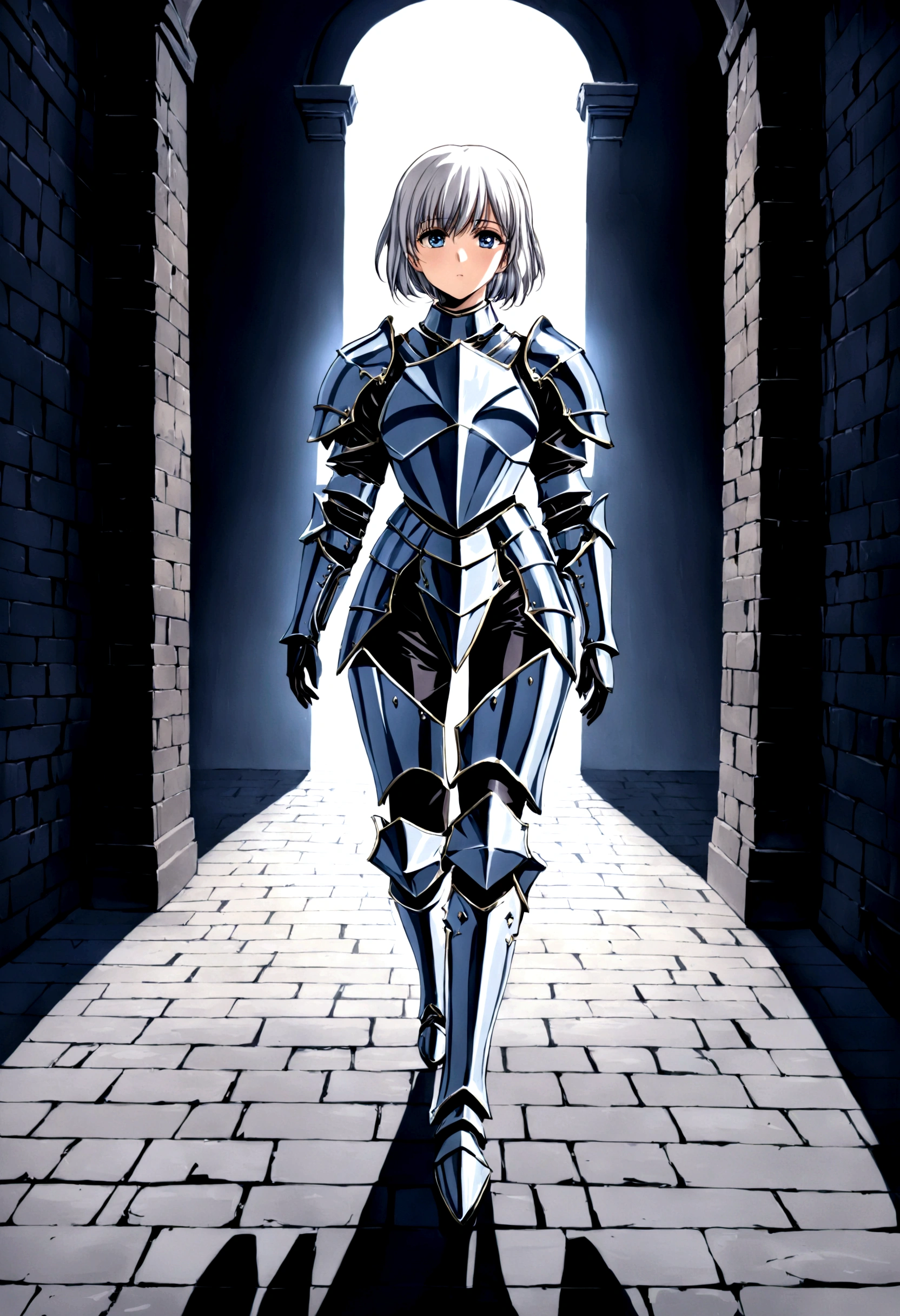 (((masterpiece))), (((best quality))), ((ultra-detailed)), (cinematic lighting), (illustration), (beautiful detailed eyes), (1girl), full body, knight, armour, light hair, best quality, expressive eyes, perfect face, Girl: (20s, white hair, short hair, black jumpsuit, grey and blue armour), walking, dungeon, brick floor, stone floor,