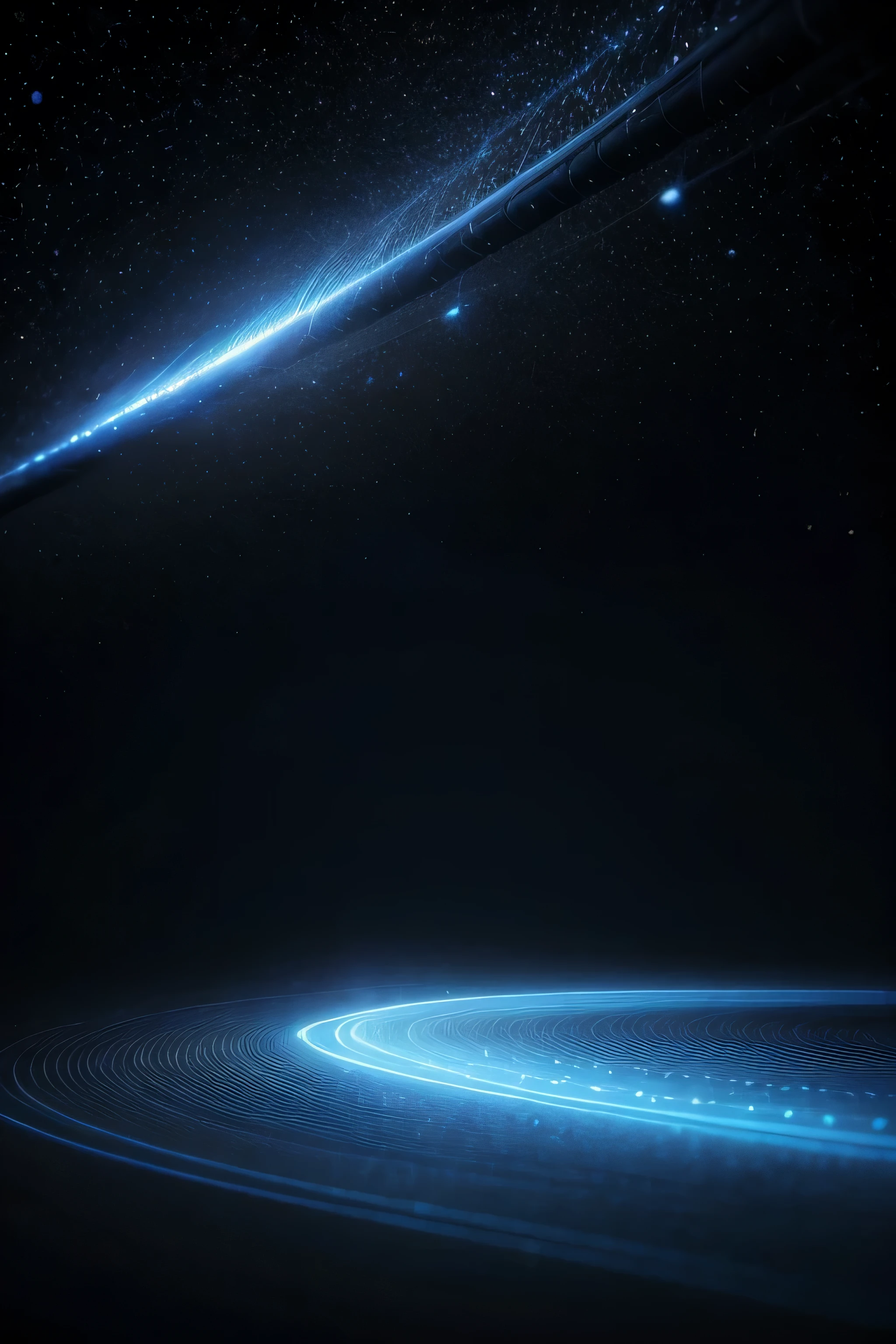 blue background with gravitational waves and some illuminated fiber optic cables passing through