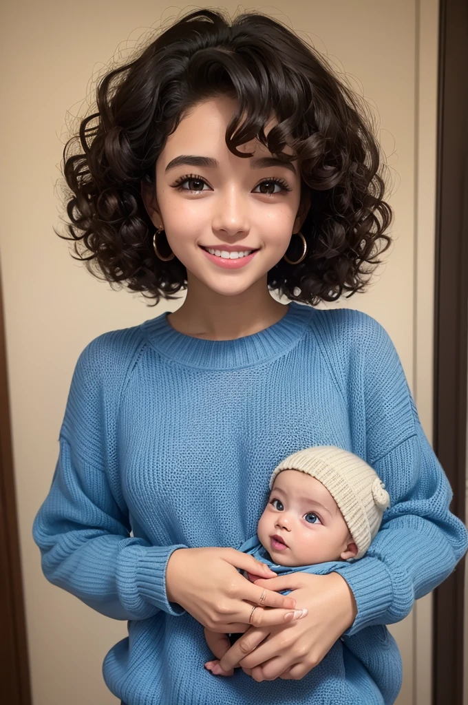 A girl,medium curly hair,skin black,brown dark eyes, has a beautiful smile,wears a baby blue sweater 