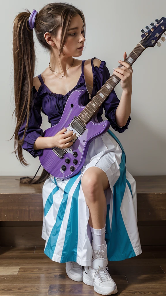 ((masterpiece, best quality))1girl, solo, fashion purple dress modern future, electric guitar, headphones, ponytail, holding, holding plectrum, instrument, very long brown hair, music, one side up, teal hair, twin tails, playing guiter, pleated long skirt fashion, fashion dress modern purple and white, interior, full body, purple, sit down, walking, jumping