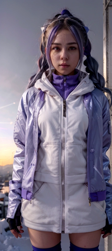 work of art, best quality image, Extreme vividness, Anime girl with curly ponytail, small figure, white functional coat, mic, blue-purple gradient ski goggles, cyber punk, gray hair, natural casual style, dynamic posture, Golden Section, portrait with wide aperture, Cool tones, Strong Visual Impact, blank space, light andshade contrast, SUPERTEXTURA, sunset glow, super clear image, simple image