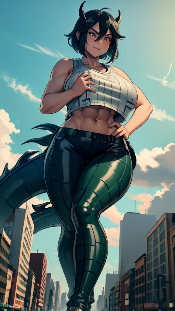 3d, godzilla chan, reptile tail, curvy giantess milf, dragon horns, towering over a city, massive breasts, green short hair, golden eyes, on a street, massive oversized breast, tank top, abs, giantess bumping a building
